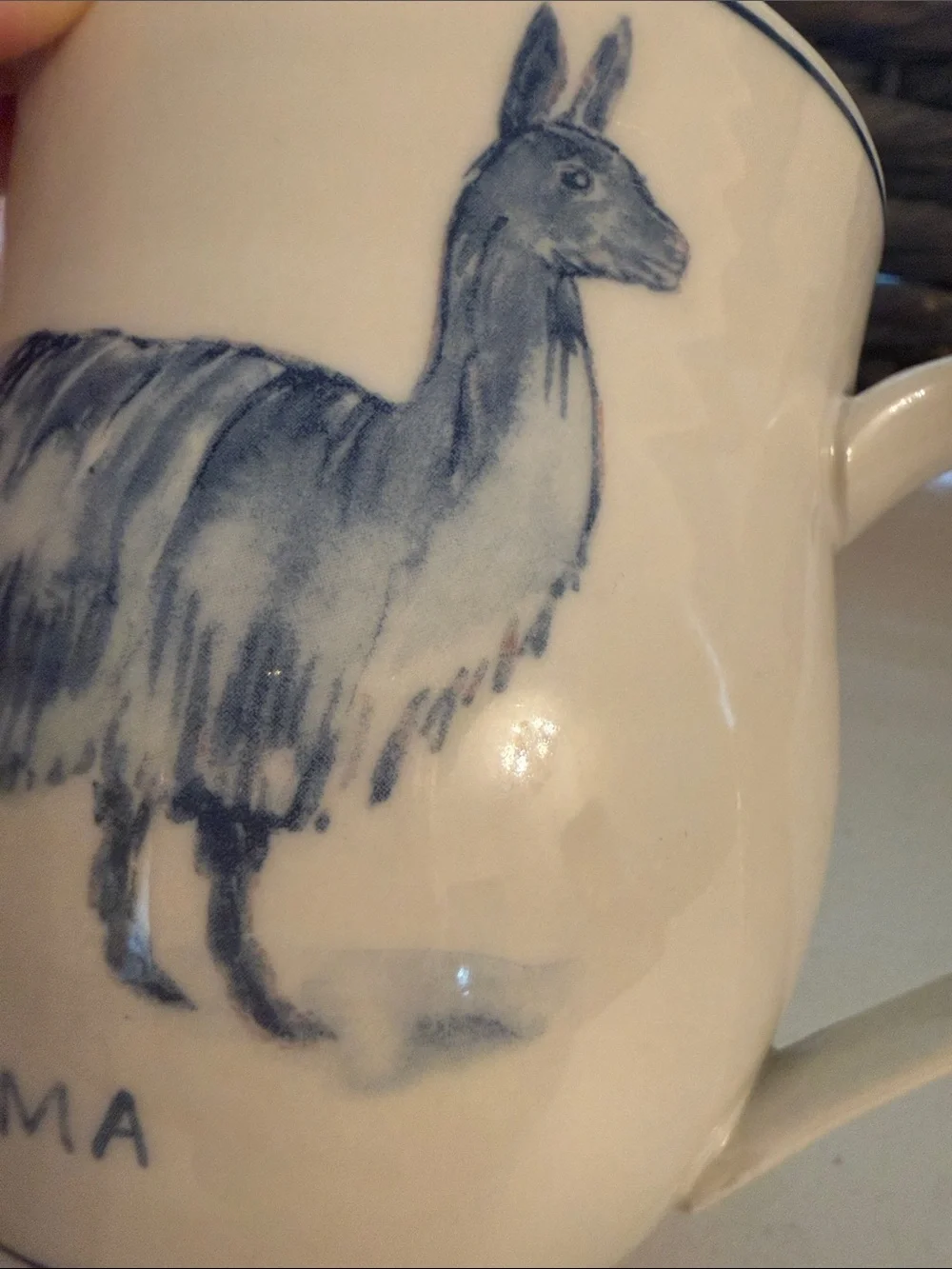 Anthropologie Molly Hatch Cream Ceramic Llama Coffee Mug with Blue Illustration